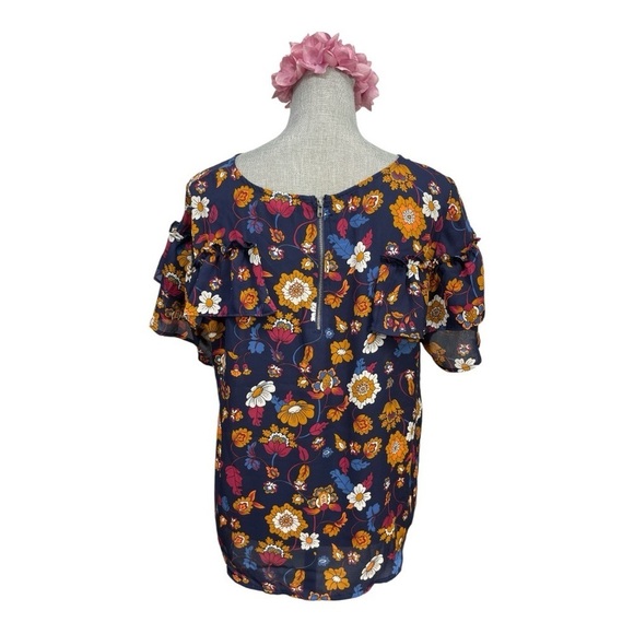 Eyeshadow XL Navy Blue Floral Ruffle Sleeve Blouse - Picture 4 of 13